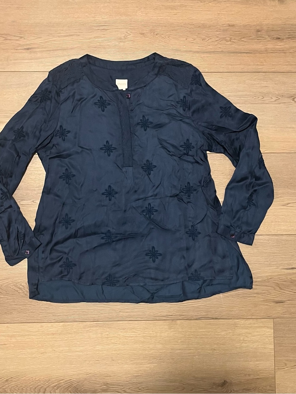 Chico's Navy Embroidered Split-Neck Blouse